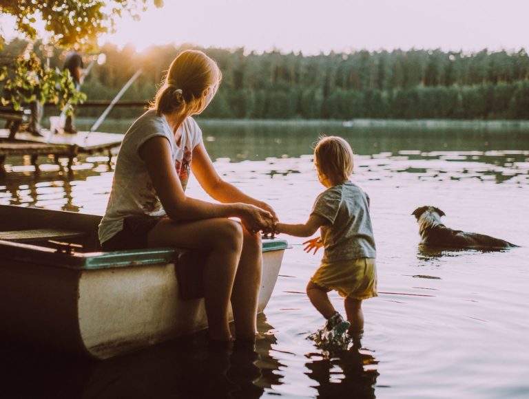 Woman with son and dog