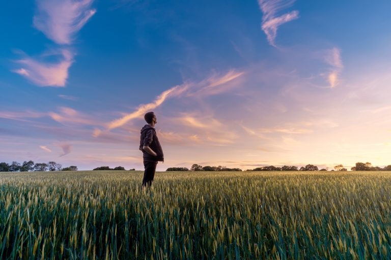 A man standing in a farm field looking up at the sky