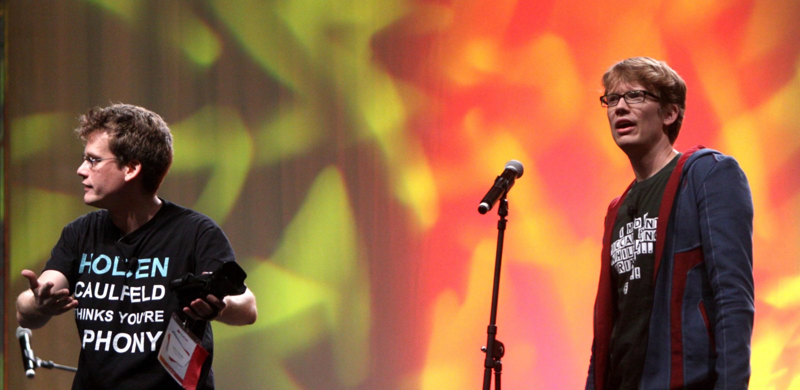 Vlogbrothers, John and Hank, on stage at VidCon