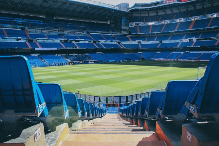An empty football field.