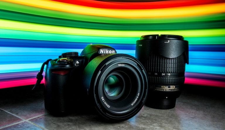 Nikon camera with a rainbow light display.