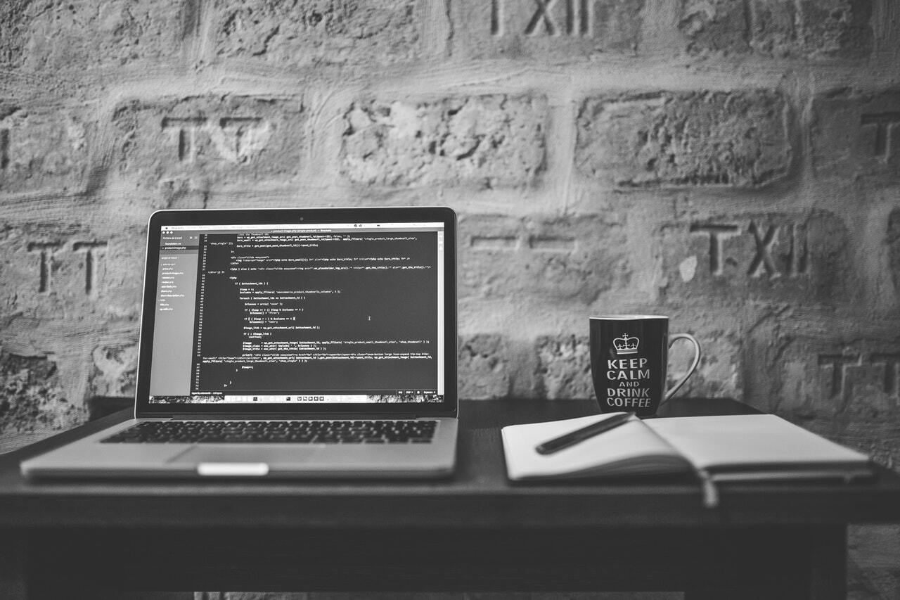 black and white image of computer