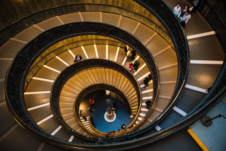 Aerial view of descending spiral staircase