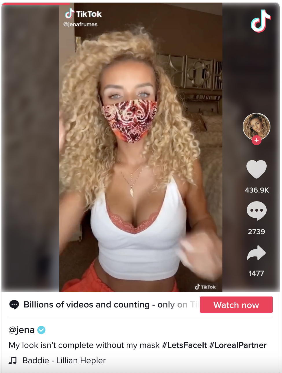 Screenshot of Tiktok post from @jena in support of L'Oréal's #LetsFaceIt campaign.
