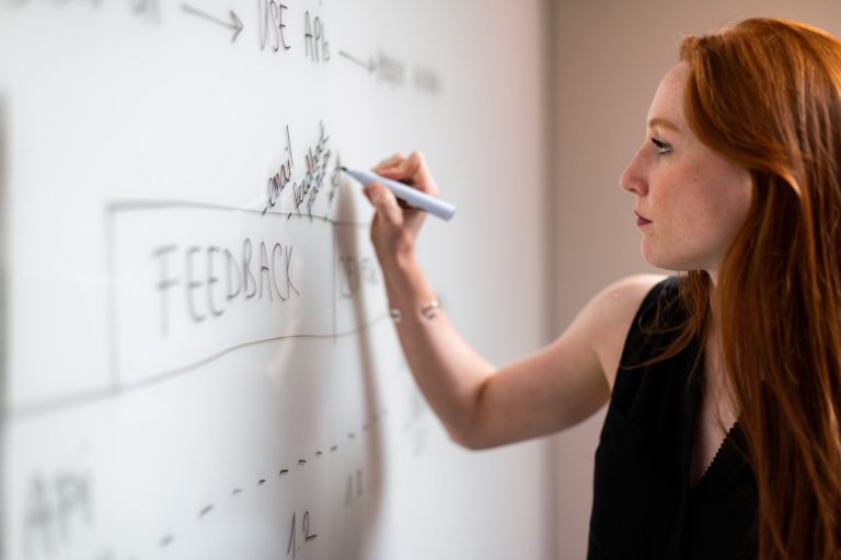 A person planning their personalization strategy on a white board with a black marker.
