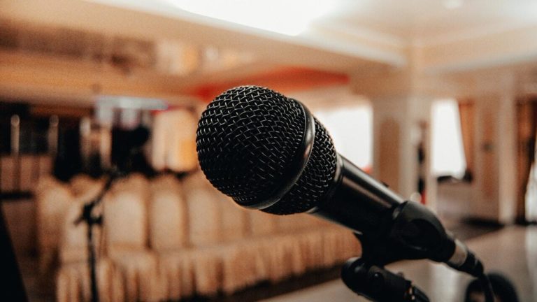 A microphone on a stand.