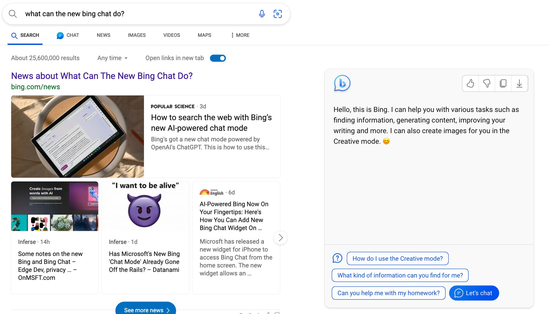 Bing chat in search