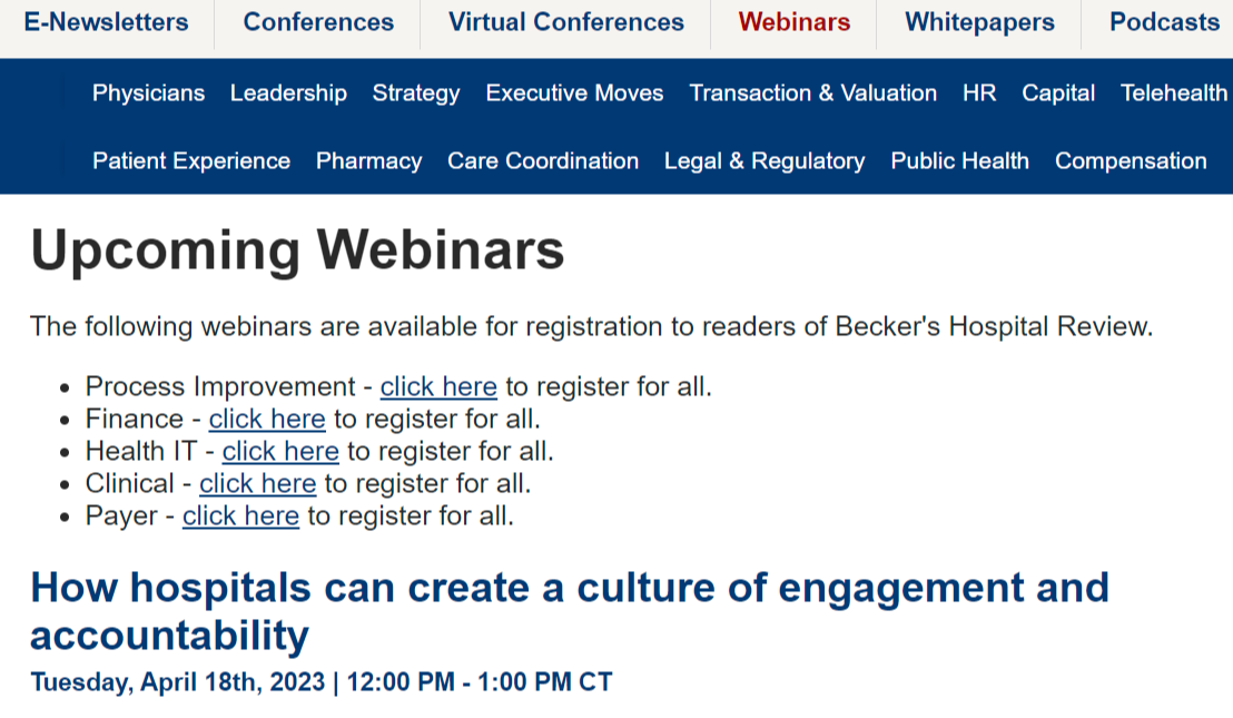 A preview of a webinar on Becker's Hospital Review