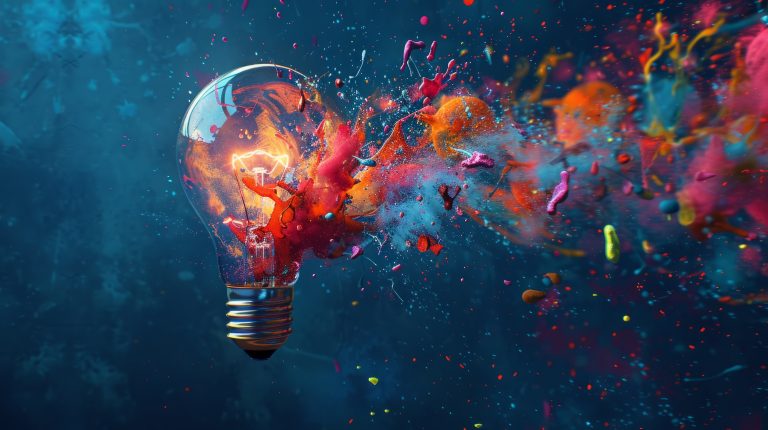 New idea, brainstorming concept. Creative light bulb explodes with colorful paint and colors. Electric light bulb exploding with paint and glass. Business and technology. Banner, a creative idea.