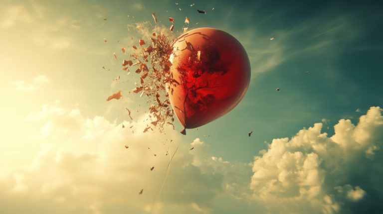 Red balloon exploding into pieces to represent content atomization